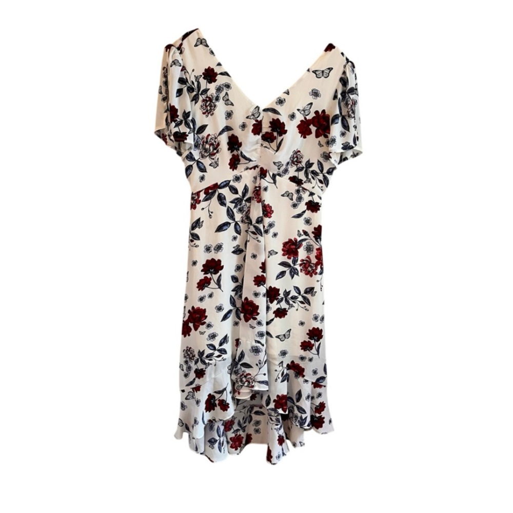 Candie’s Floral Butterfly Print Dress – White with Red & Navy Flowers, M
